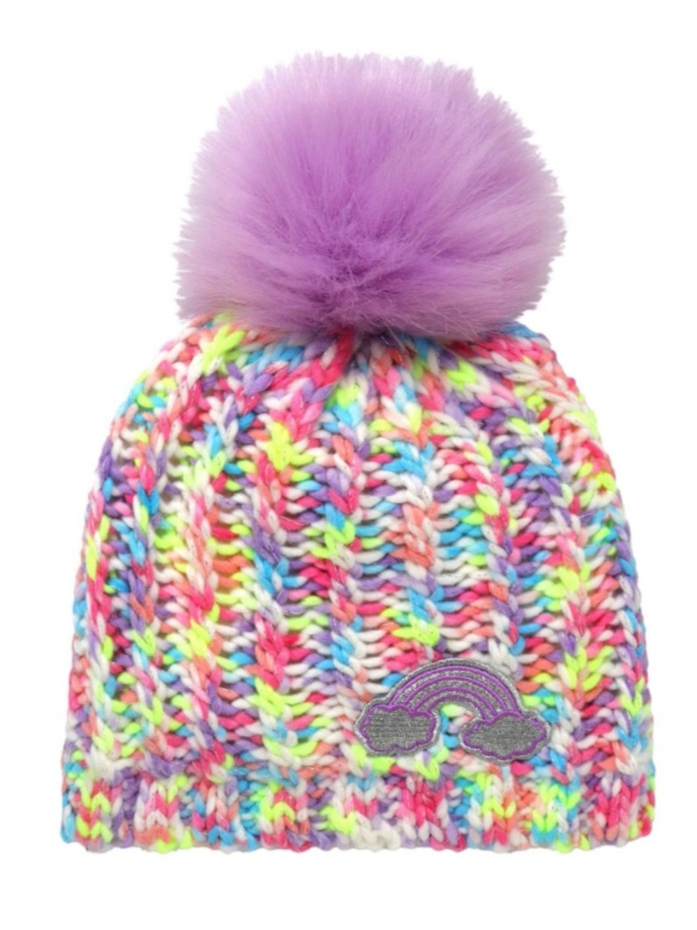 Kids Rainbow Knit Pom Beanie - Purple Pom